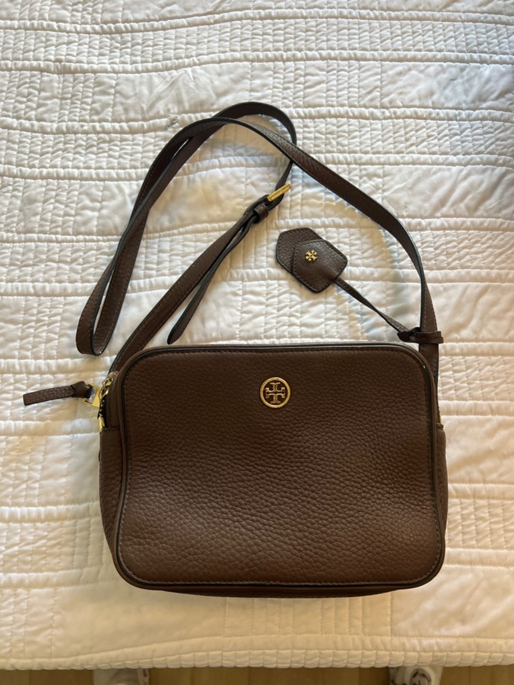 Tory Burch Dark Brown Pebbled Leather Camera Bag with Gold Logo
